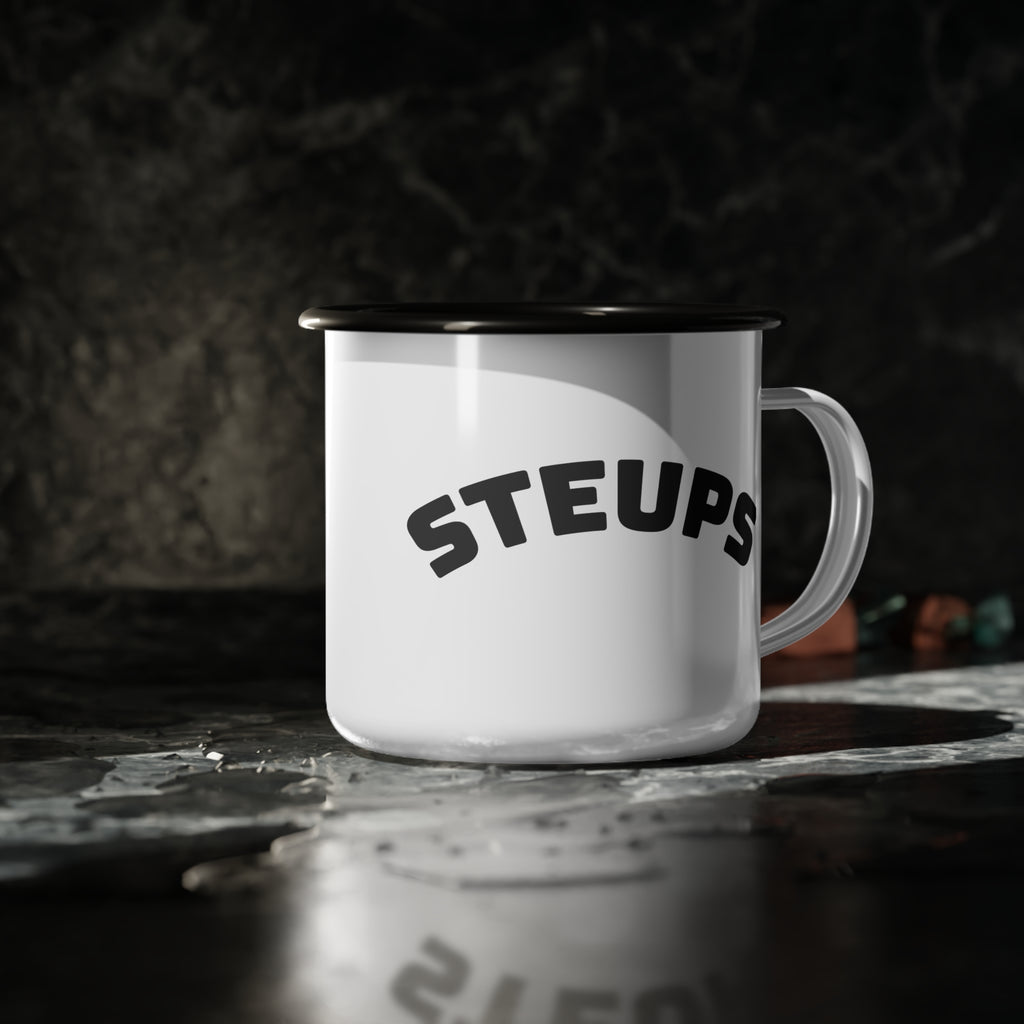 Enamel Camp Cup — 'Stern Kid' Minimalist Black & White Camping Mug