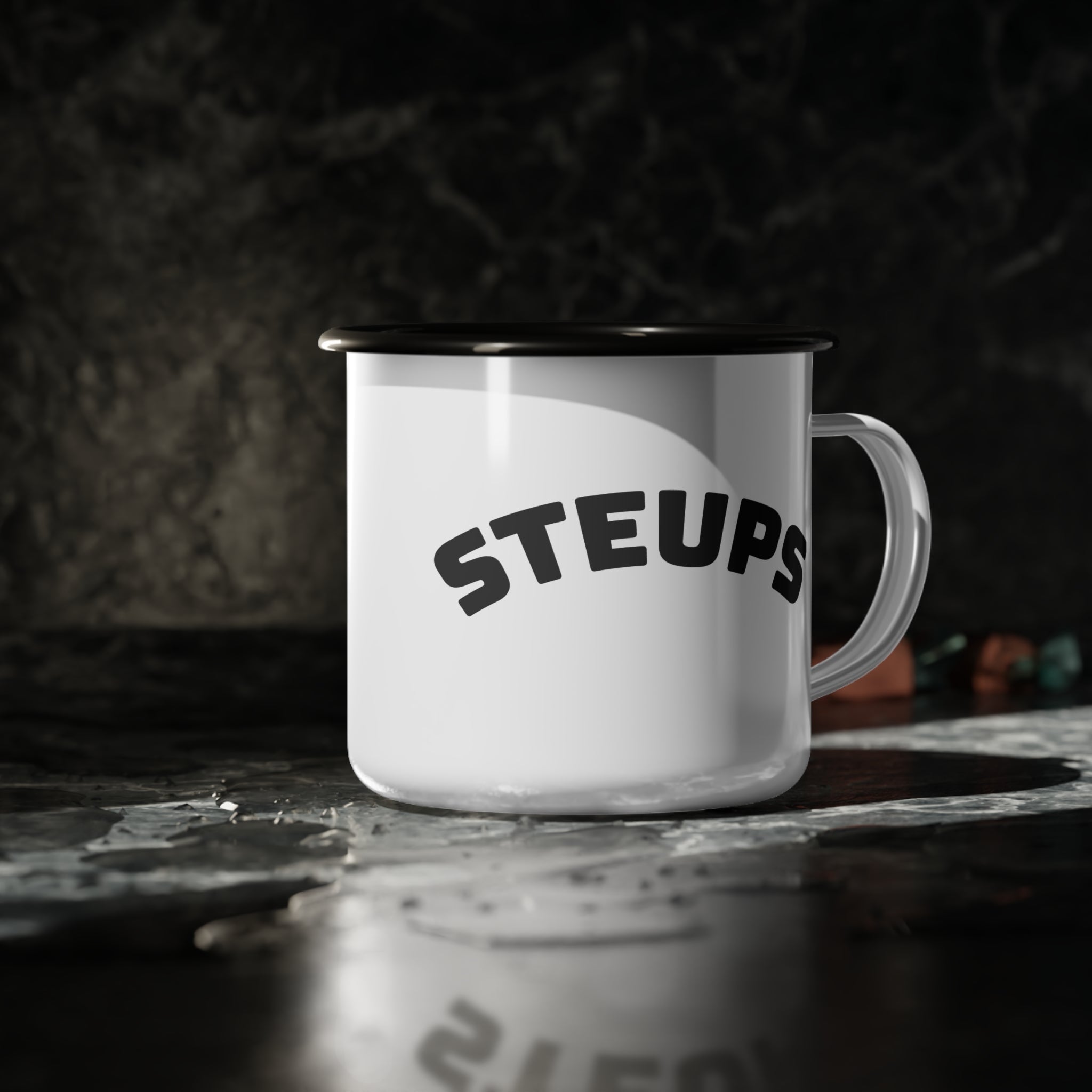Enamel Camp Cup — 'Stern Kid' Minimalist Black & White Camping Mug