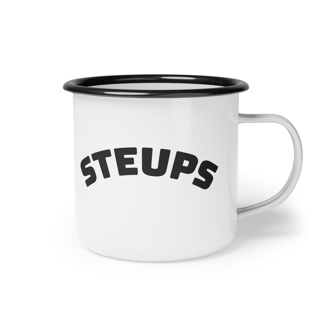 Enamel Camp Cup — 'Stern Kid' Minimalist Black & White Camping Mug