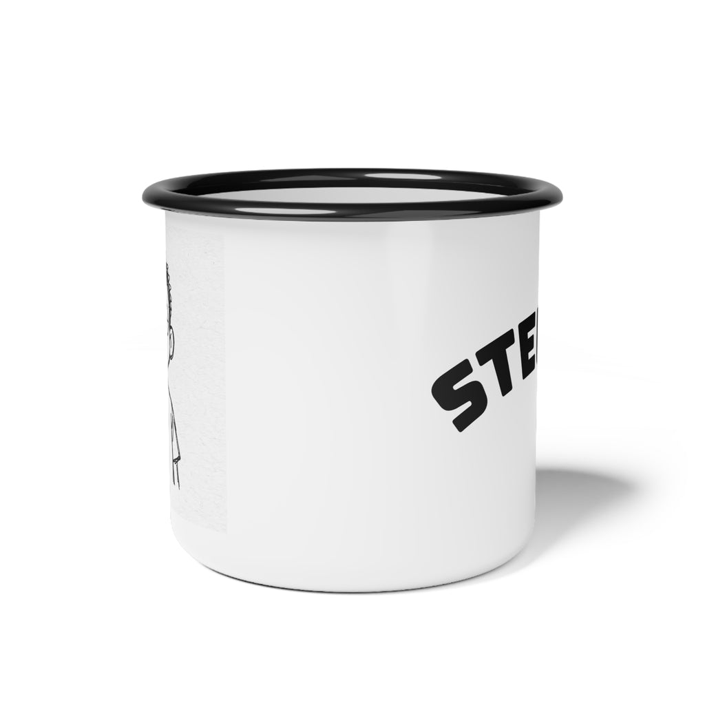 Enamel Camp Cup — 'Stern Kid' Minimalist Black & White Camping Mug