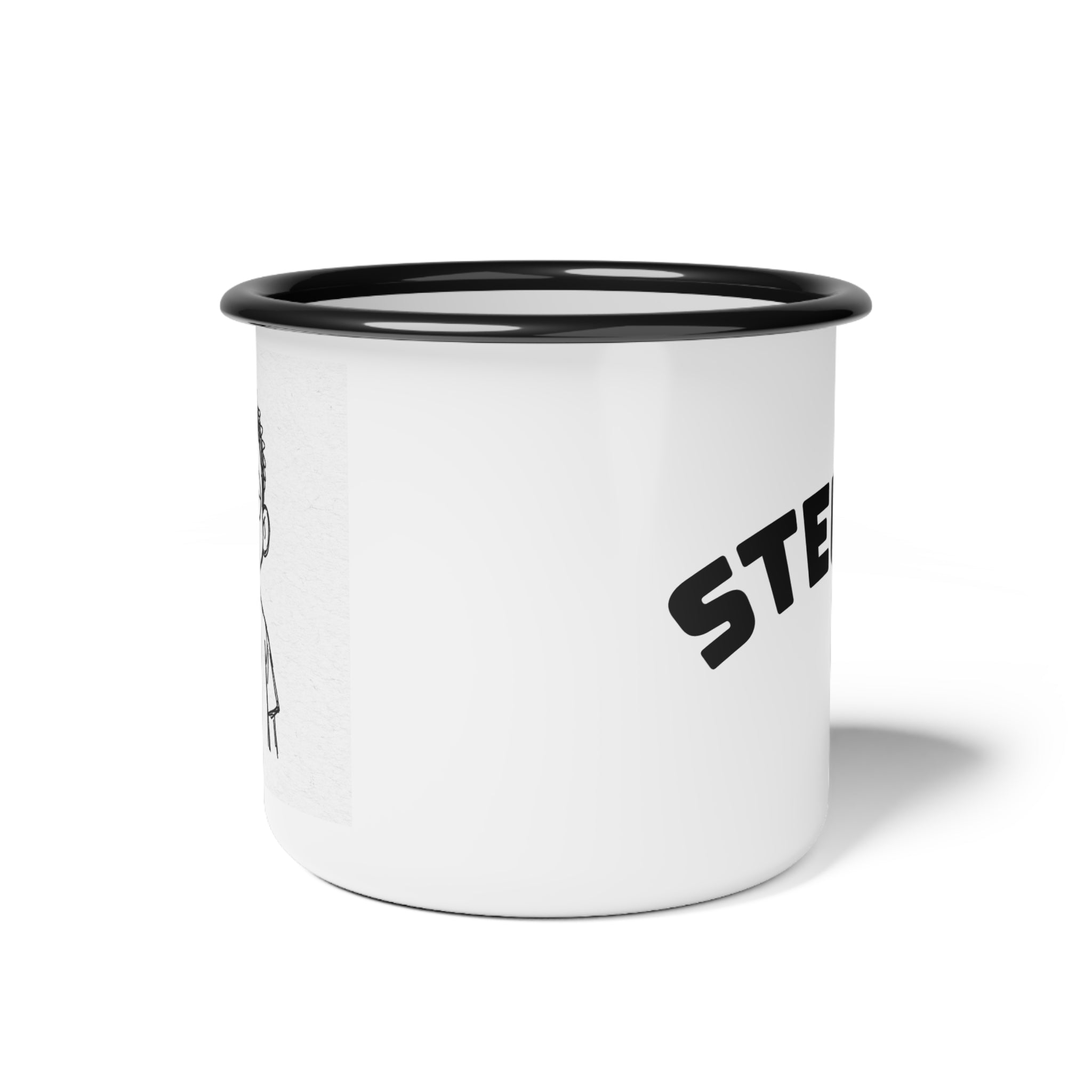 Enamel Camp Cup — 'Stern Kid' Minimalist Black & White Camping Mug