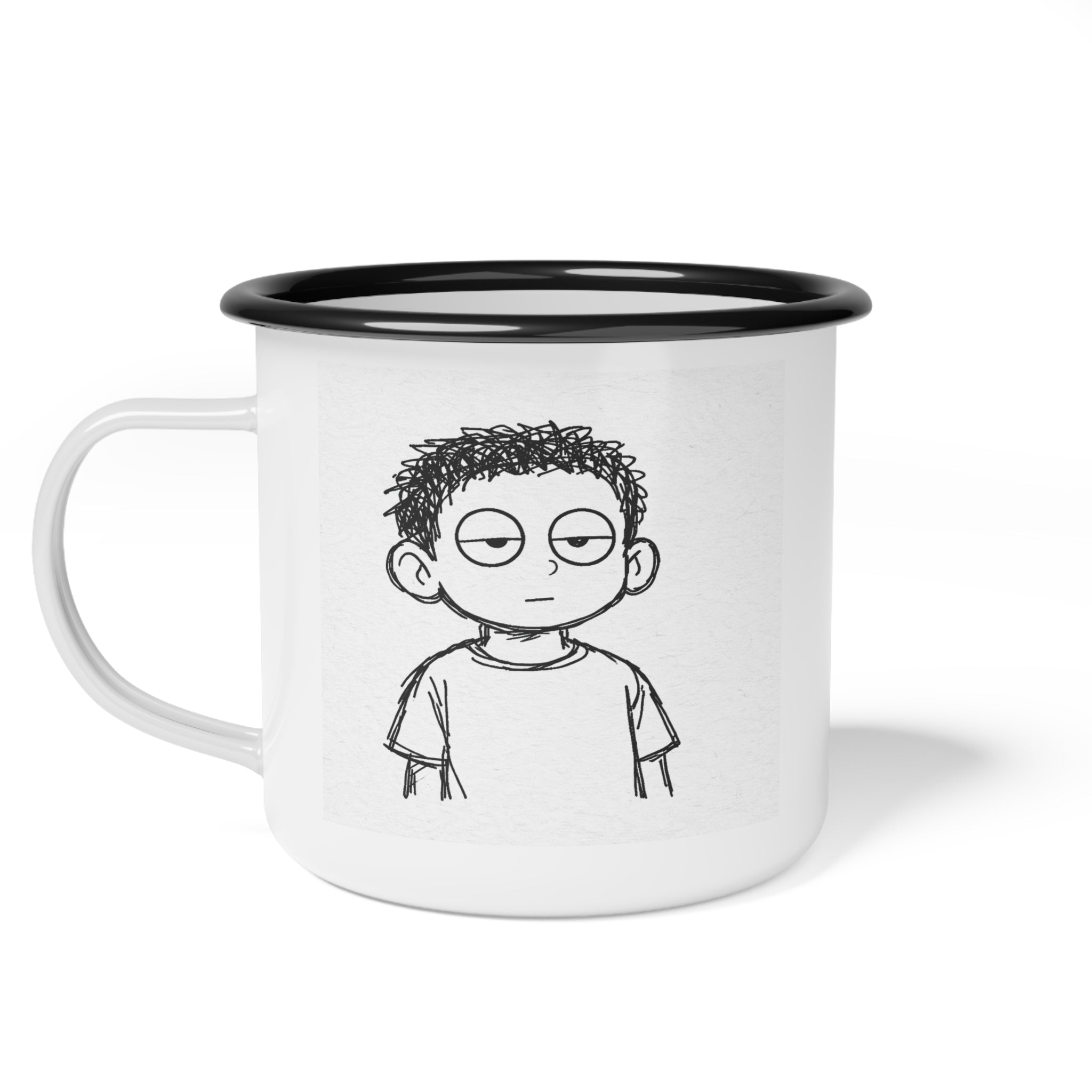 Enamel Camp Cup — 'Stern Kid' Minimalist Black & White Camping Mug